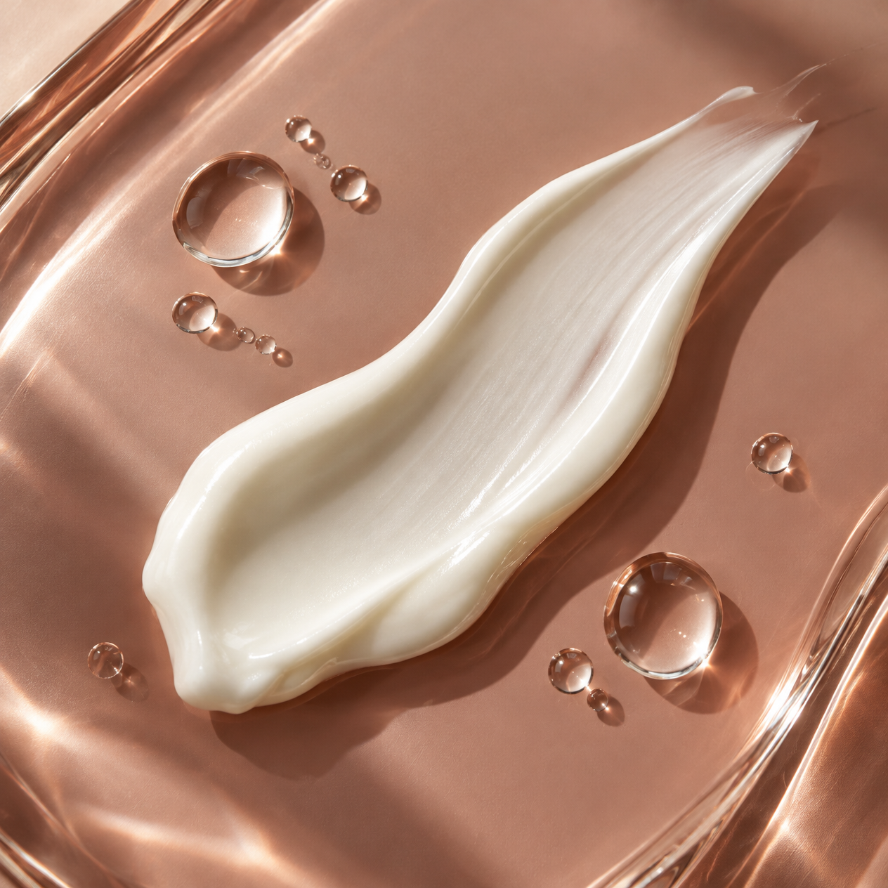 Kremsi serum dokusunu temsil eden beyaz kozmetik doku ve su damlalarının yakın çekimi