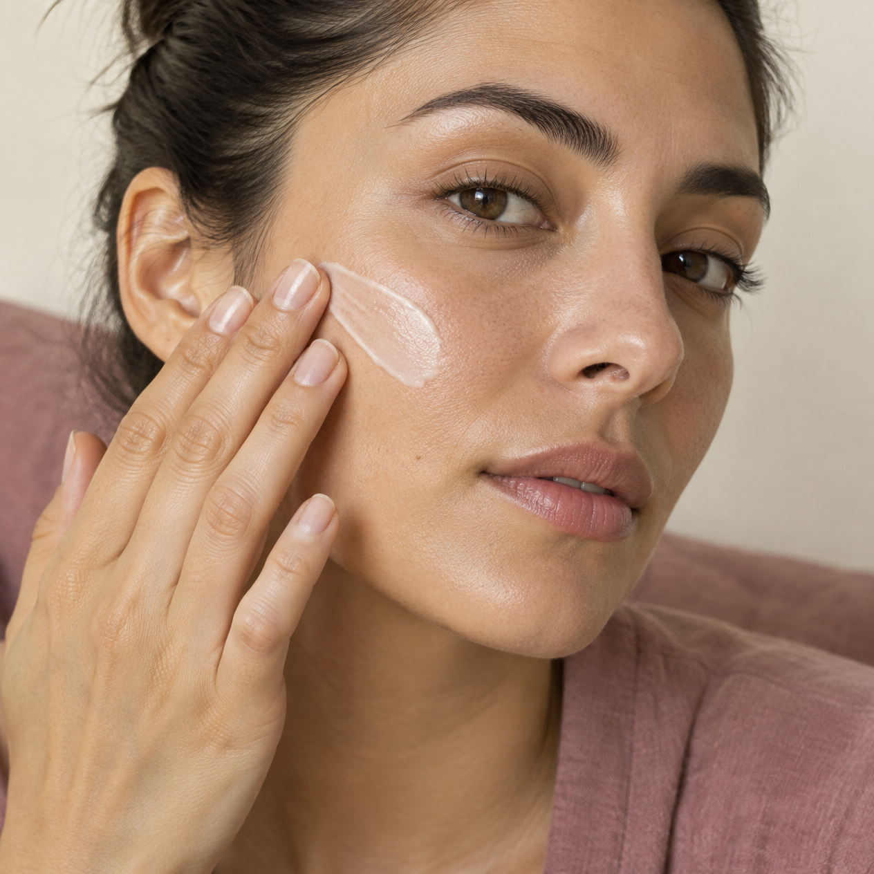 Yetişkin bir kadının yanağına parmak uçlarıyla kremsi serum uyguladığı temsili fotoğraf